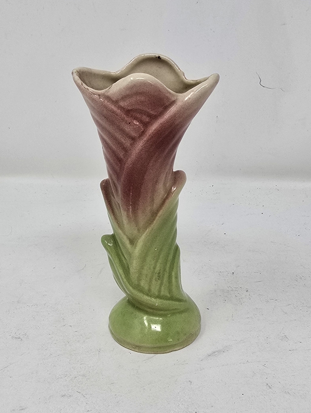 Vtg 1940's Shawnee pottery mid century mini bud vase Lily flower petal pink USA